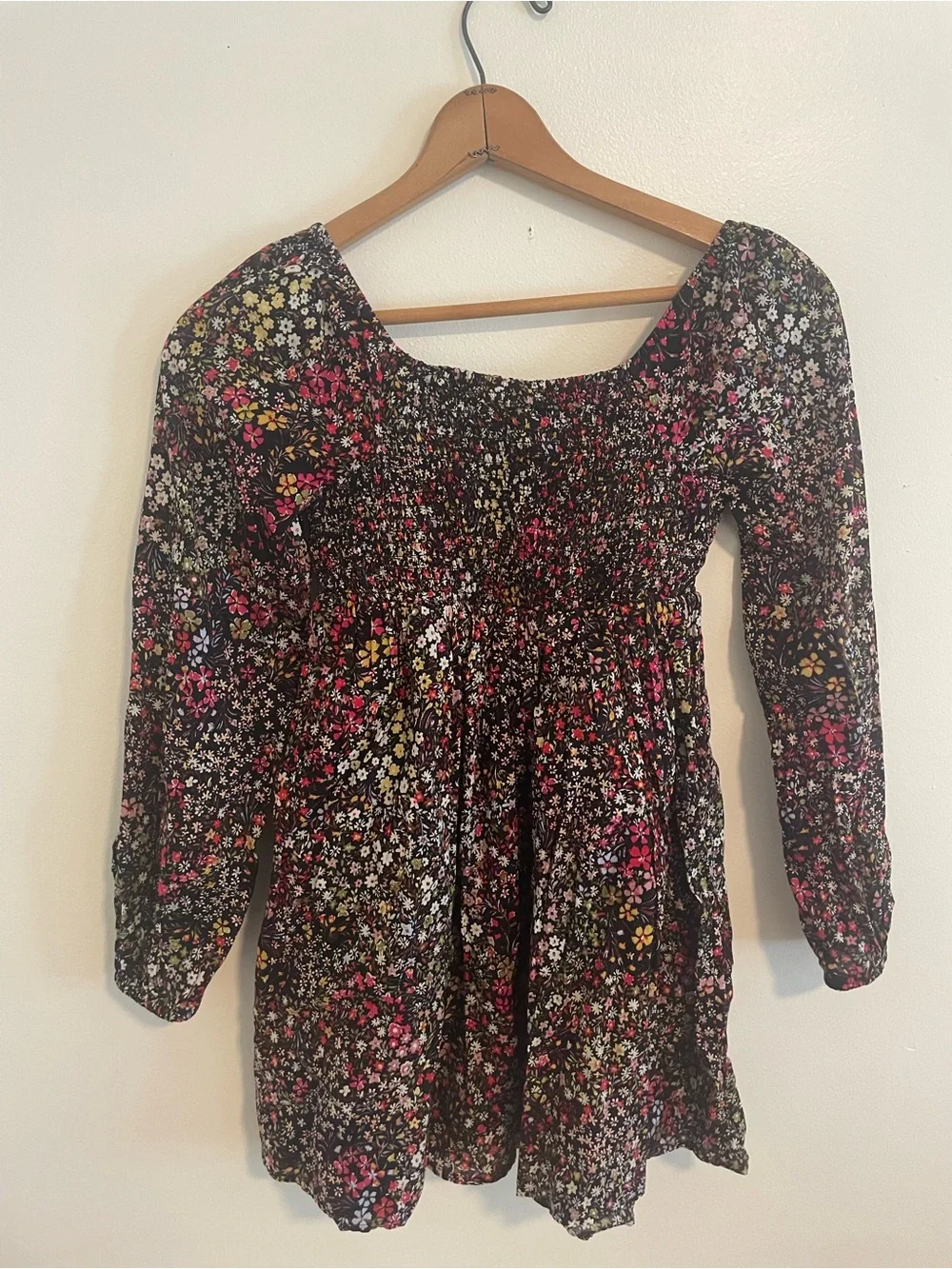 GAP Black Floral Smocked-Waist Long Sleeve Dress
